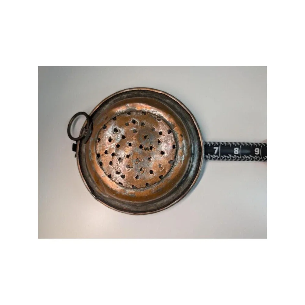 Antique Copper Colander Strainer Lot 3 Hand Punched Iron Ring Handle Tinned